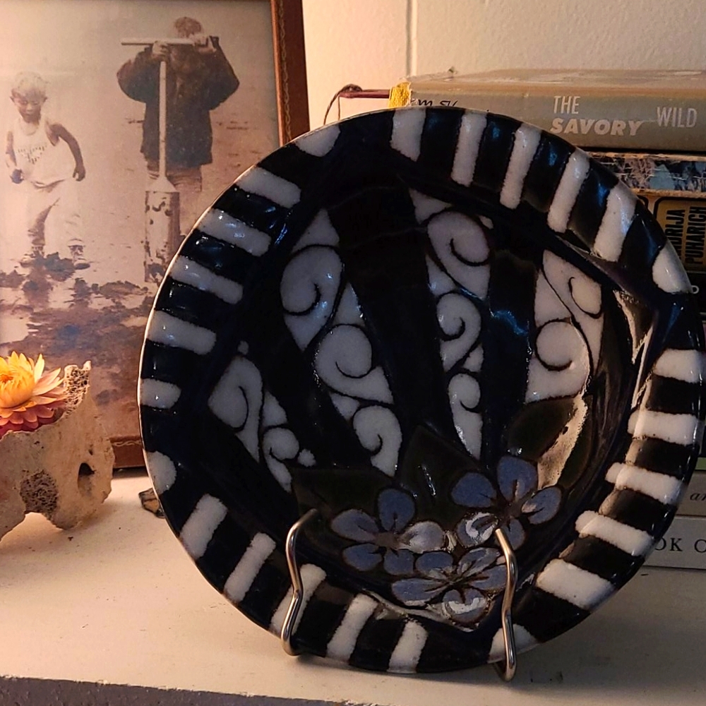 Handmade Floral Striped Ceramic Bowl OOAK